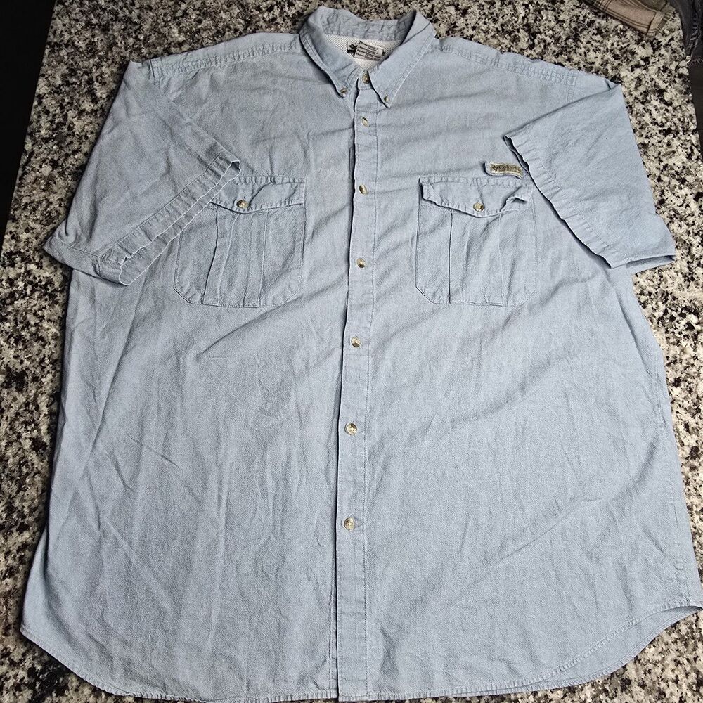 Columbia BFG Mens XXL Button Shirt Bass Fishing Blue-Chambray Style